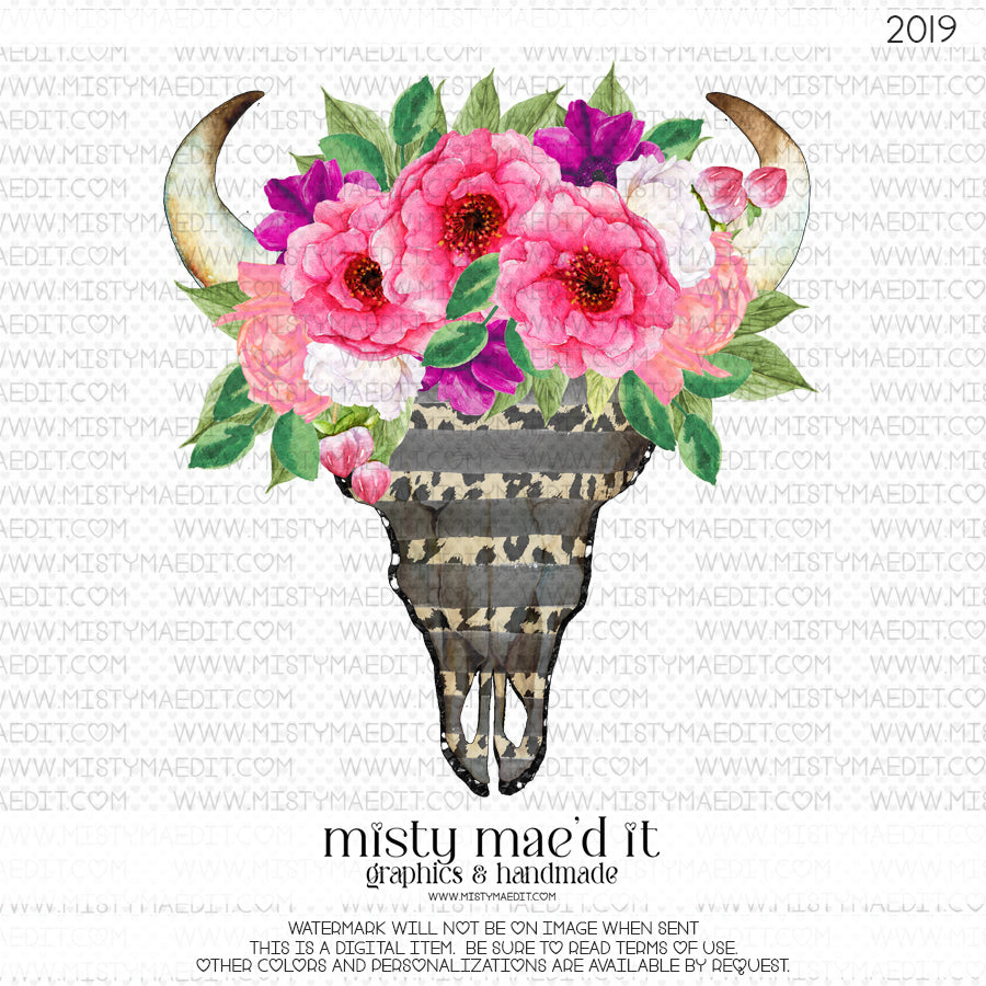 Bull Skull Leopard Stripes Pink Flowers
