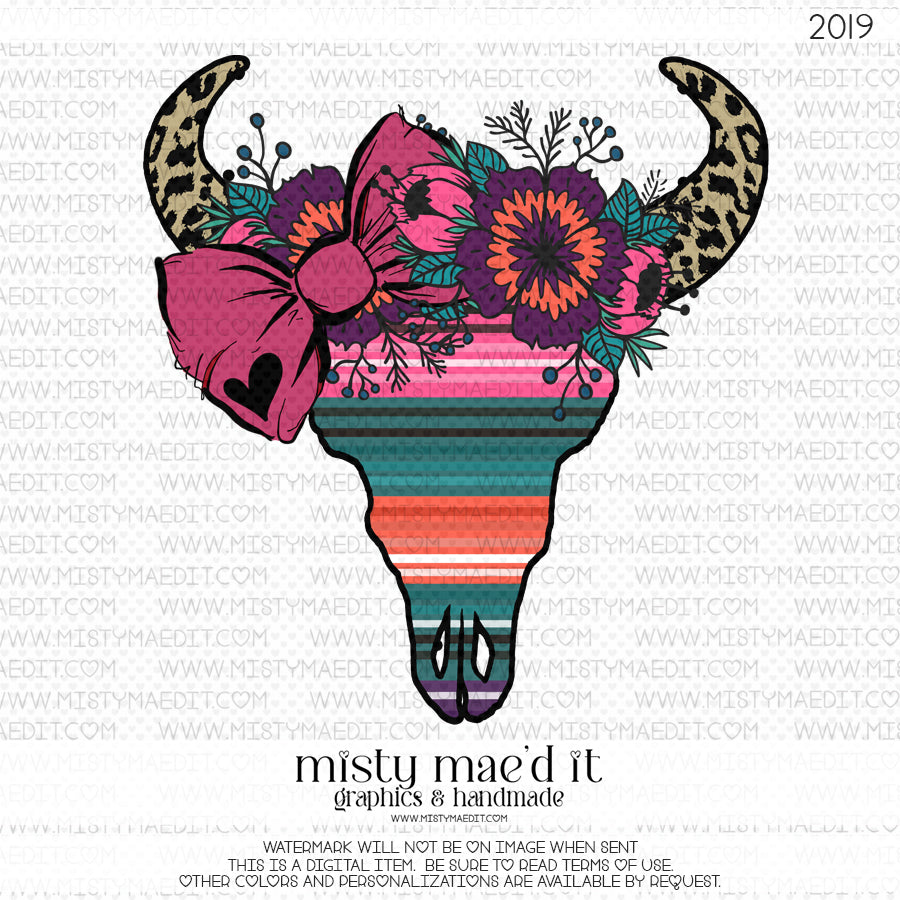 Bull Skull Serape And Flowers With Bow