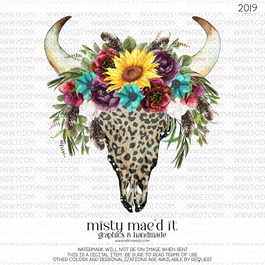 Bull Skull Leopard And Flowers