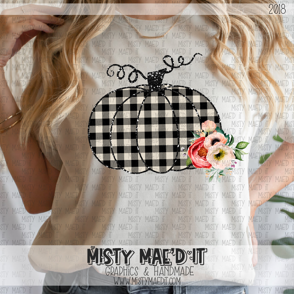 Plaid Pumpkin With Flowers-Blank