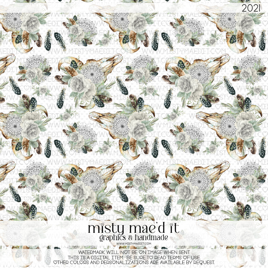 Bull Skull White Roses Mandala Seamless Digital Paper