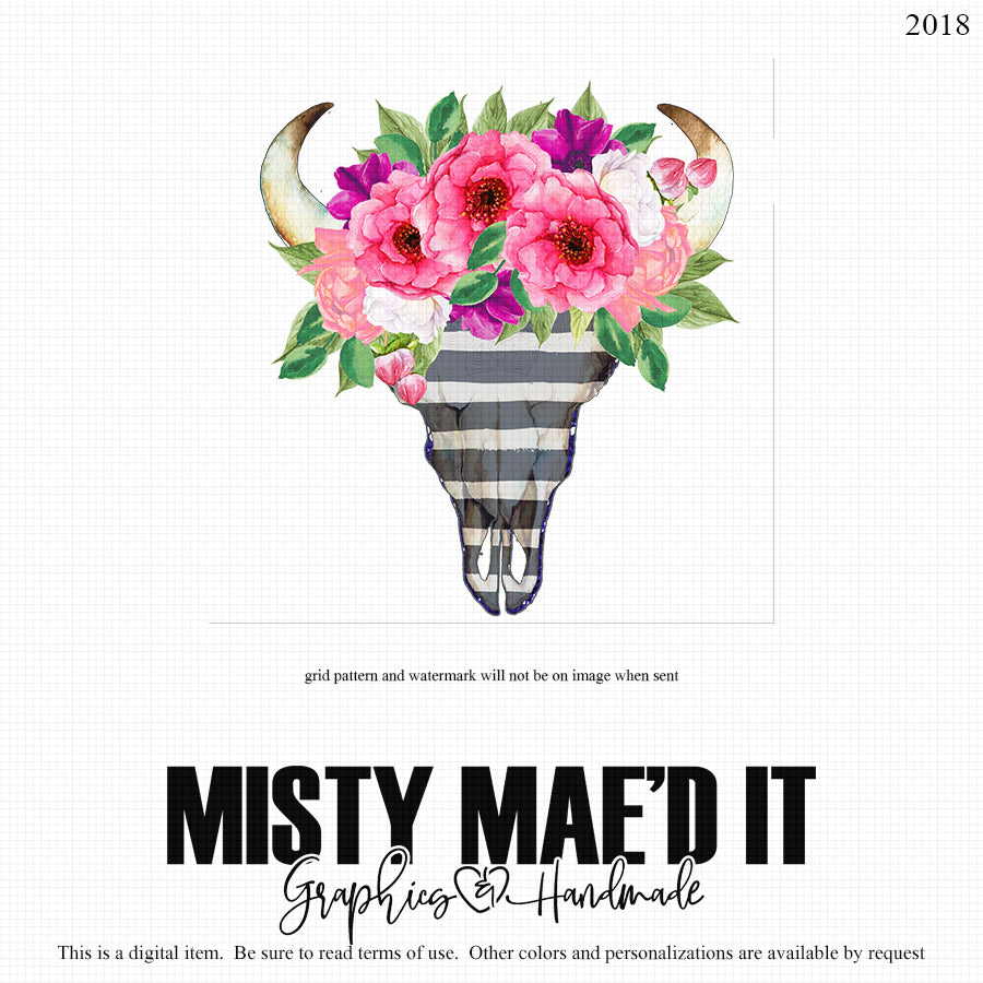 Bull Skull Navy Stripes Pink Flowers