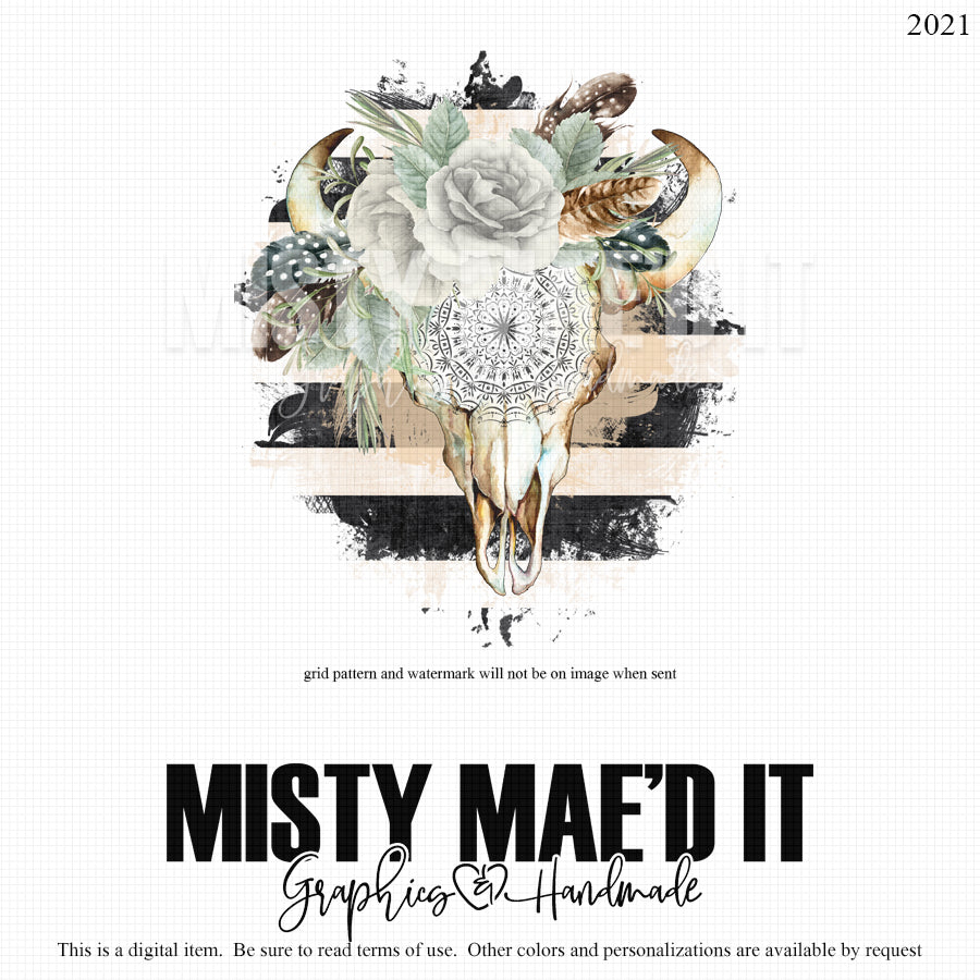 Bull Skull White Roses Mandala Stripes